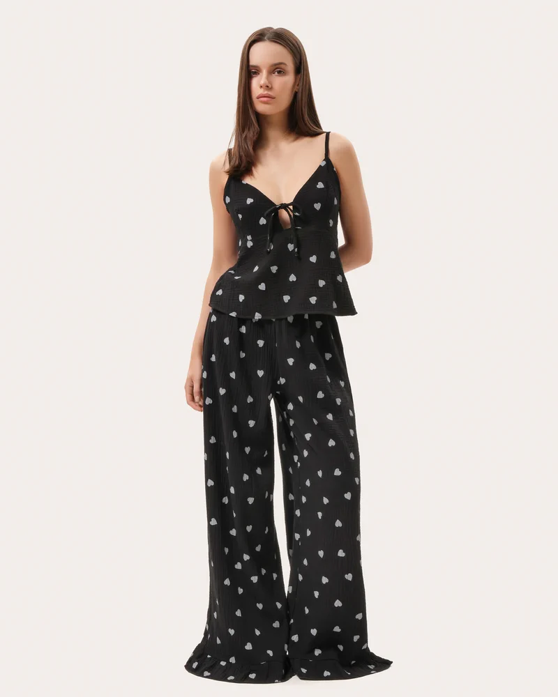Piżama z muślinu w leopardzi print: top i spodnie z falbanami