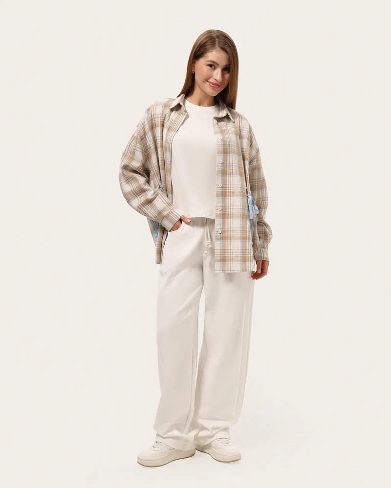 Mleczne spodnie wide leg z dzianiny trzy-nitkowej