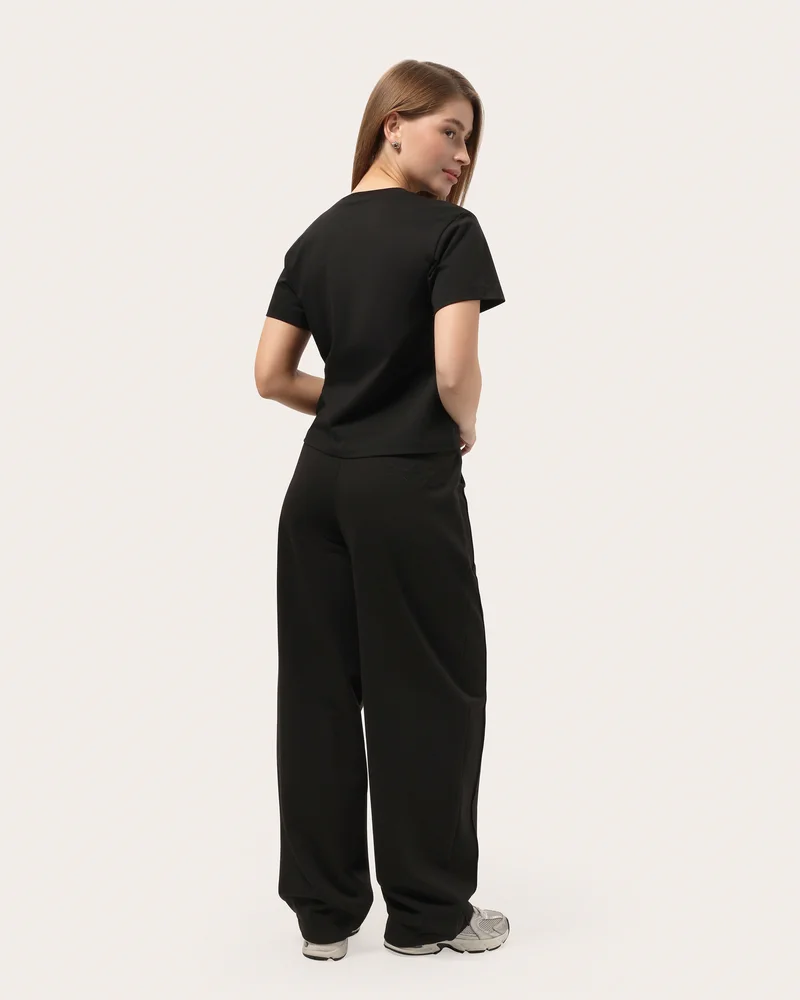 Czarne spodnie wide leg z dzianiny trzy-nitkowej